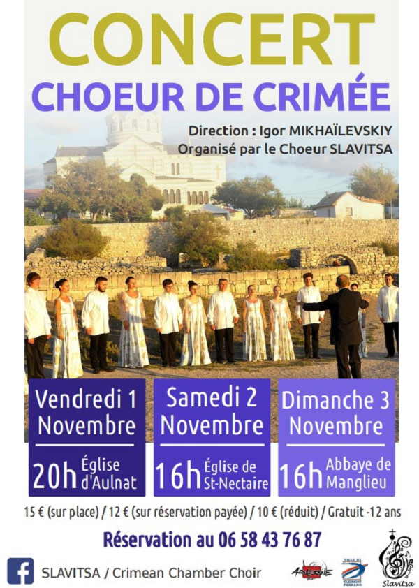 Affiche. Eglises Aulnat, Saint-Nectaire et Manglieu. Concert chœur de Crimée. 2019-11-01